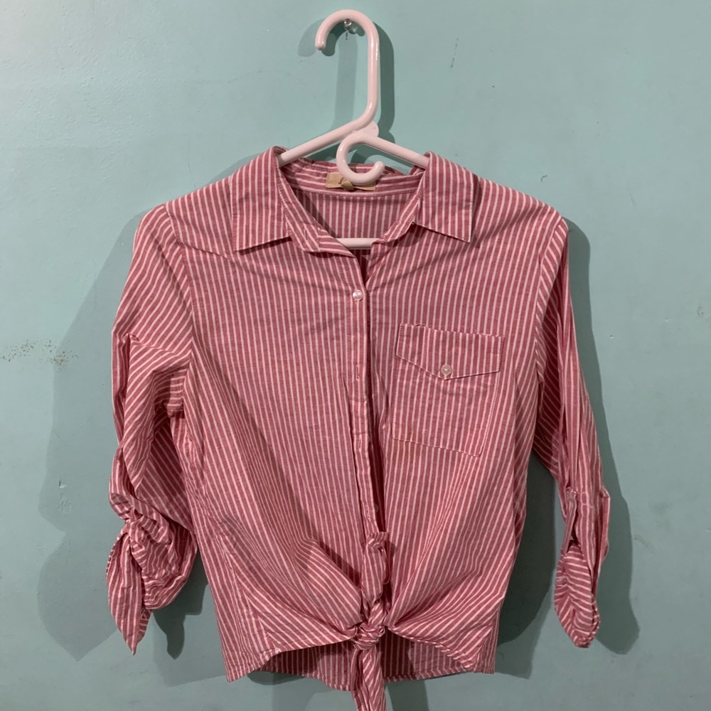 Stripped Dark Pink & White Button Up Shirt